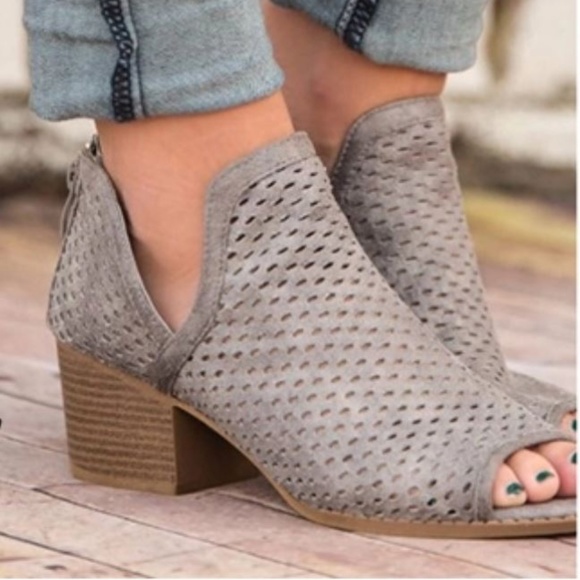 Love Is Real Couture Shoes - 1 LEFT Slate Open Toe Laser Cut Vegan Suede Bootie